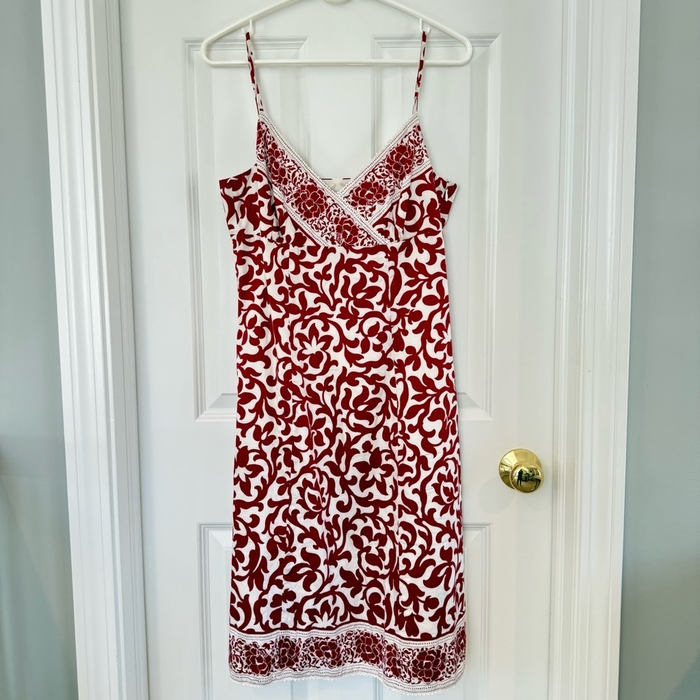 Ann Taylor Floral V-Neck Spaghetti Strap Cotton Midi Dress Size 6 Red & White